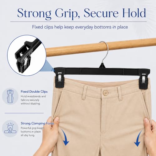 Smartor 60 Pack Black Pants & Skirt Hangers with Clips, 12 Inch, Heavy Duty Non-Slip Clamps