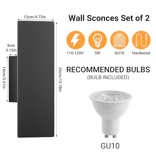 Black Wall Sconces 2-Pack - Modern Indoor LED Wall Mount Lights 3000K