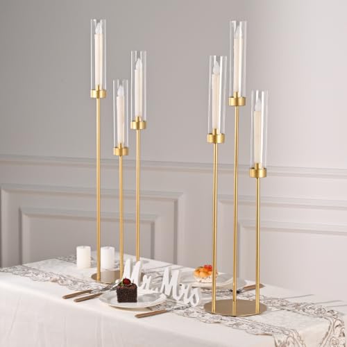 Vincidern 34in 2-Pack Gold 3-Arm Candelabra Centerpieces for Tables (Gold, 2 pcs)