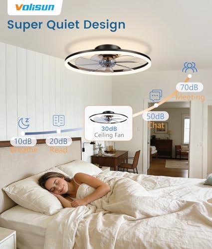 20 Inch Black Low Profile Ceiling Fan with Light and Remote - Dimmable LED Flush Mount Fan for Bedroom