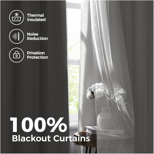 White Double Layer Blackout Curtains 52W x 108L Pack of 2 - Room Darkening & Privacy