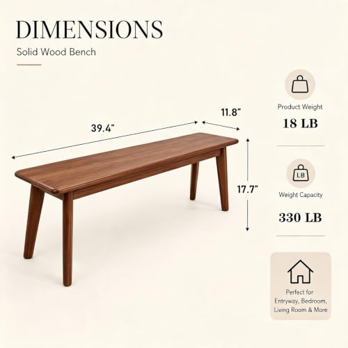 Walnut Solid Wood Farmhouse Bench 39.4 x 11.8 x 17.7 in - Rustic Entryway Seating