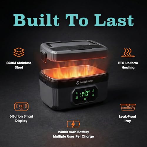 TRAVELISIMO Gray Cordless XL Heated Lunch Box 6.8 Cups - Portable Food Warmer
