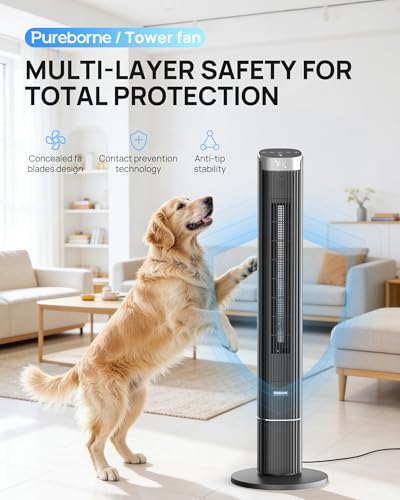 42-Inch Tower Fan for Home with WiFi, Ultra-Quiet 25dB, Black - Smart Remote Control
