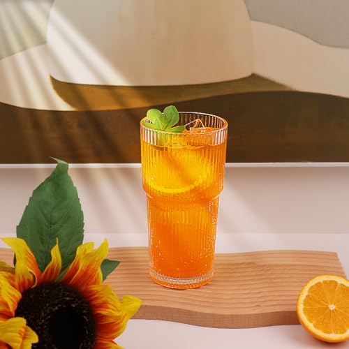 Large 20oz Ribbed Glass Tumbler Set - Vintage Clear Drinkware for Water, Iced Coffee, Beer, Tea, Latte - Housewarming Gift