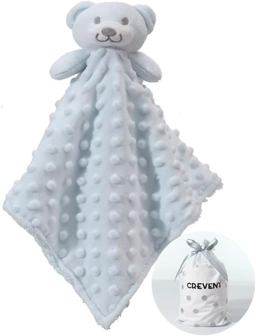 CREVENT Cozy Plush Baby Security Blanket - Minky Dot Front & Sherpa Back, Blue Bear Design