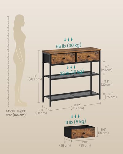 SONGMICS Rustic Brown Console Table with 2 Fabric Drawers - Narrow Entryway Furniture 11.8"D x 30.2"W x 31"H