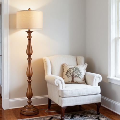 PARTPHONER Vintage Wood Grain Floor Lamp with Linen Shade, Rustic Farmhouse Standing Light for Living Room & Bedroom