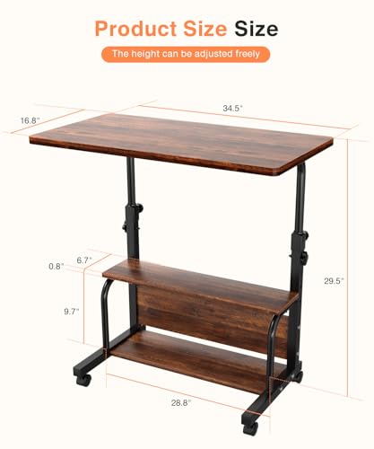 Rustic Adjustable Height Rolling Desk with Storage Shelves - 32-Inch Computer & Drafting Table for Home Office