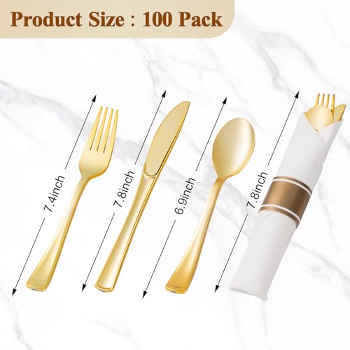 Gold Disposable Cutlery Set - 100 Pack Flatware with Napkins for Parties