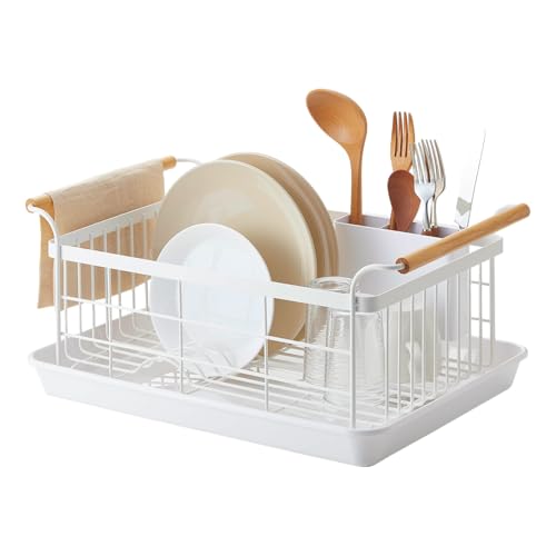 YAMAZAKI White Dish Drying Rack with Removable Tray & Cutlery Holder – Modern Kitchen Organizer