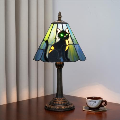 KIPHEPI 8-inch Black Cat Tiffany Table Lamp - Stained Glass Bedside Decor