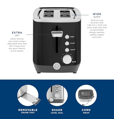 GE 2-Slice Black Stainless Steel Toaster with Wide Slots & 7 Shade Settings - Countertop Kitchen Essential