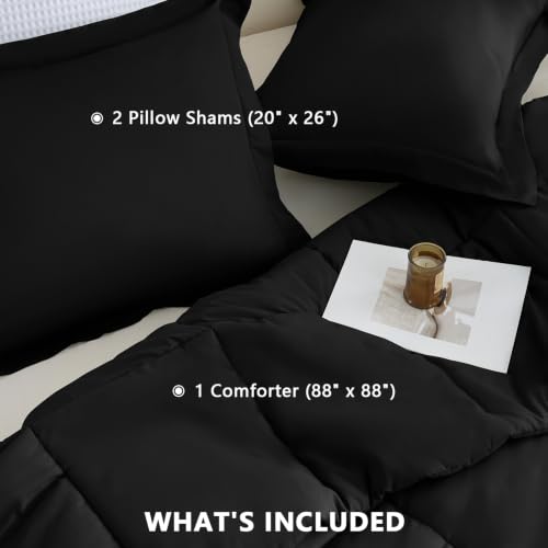 CozyLux Queen Comforter Set Black 3-Piece Box-Stitched Microfiber Bedding