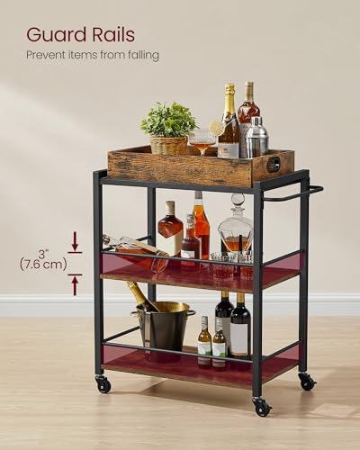 VASAGLE Rustic Brown and Black Bar Cart with Wheels, Wine Rack & Glass Holder - 15.7"D x 28.3"W x 33.9"H