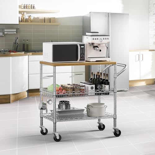 Heavy Duty 3-Tier Rolling Utility Cart with Wooden Top - Chrome & Wood Variation