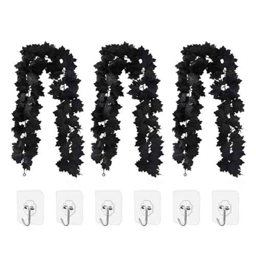 3PCS Fall Leaf Garland Fall Wall Hanging Artificial Black Maple Leaf Vine 6.56FT Thanksgiving Decor for Home Wedding Party Black Garland for Halloween Thanksgiving