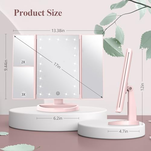 HUONUL Pink 2X/3X/10X Lighted Trifold Makeup Mirror with Adjustable Brightness