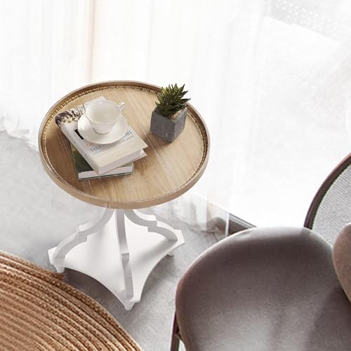 Wnutrees Farmhouse Round Accent End Table White - No Power Strip, Rustic Style