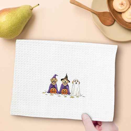 Fall Ghost Pumpkin Halloween Kitchen Towels, Ghost Golden Retriever Gifts Decor Dish Towel for Kitchen, Fall Halloween Decor, Spooky Dogs Hand Towels for Bathroom Decorations 16x24 Inch