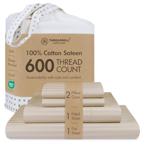 Light Beige Damask 600TC Cotton King Sheet Set - Sateen Bed Linens