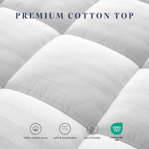White King Size Breathable Cotton Mattress Topper with Deep Elastic Pocket & Plush Filling