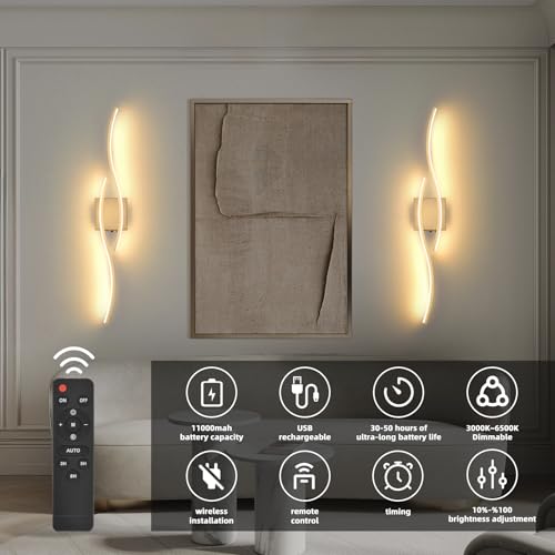 Battery Powered Wall Sconces Set of 2 - Gold 31.4 Inch LED Dimmable Wall Lamps with Remote & Timer