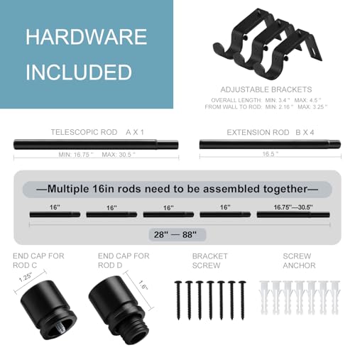 Byondeth Black Adjustable Curtain Rods 16-88 Inches, 2 Pack - Metal Window Treatment