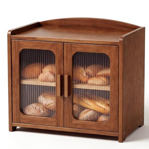 Solid Wood Bread Box with Ventilation - Walnut Brown Two-Tier Countertop Storage Cabinet
