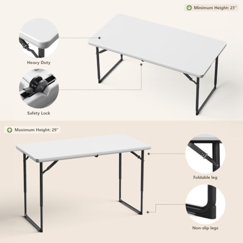 White 4FT Folding Tables 2 Pack with Adjustable Height & Carry Handles