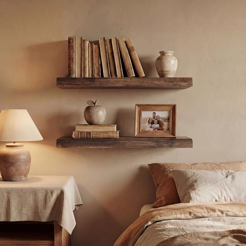 24 Inch Live Edge Floating Shelves Set of 2 - Solid Elm Wall Shelves with Industrial Brackets