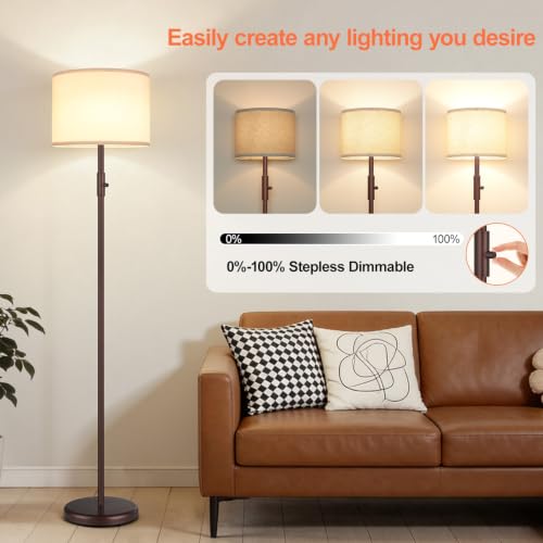 Yemela Upgraded Dimmable Floor Lamp with Linen Shade - Brown-Beige Tall Standing Light for Living Room & Bedroom
