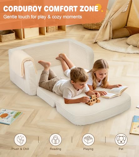 Lanabuna Cream Large 2-in-1 Kids Couch with Storage & Blanket - Toddler Sofa Chair