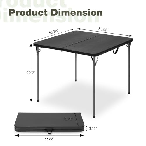 GlowitLian 34-Inch Square Folding Table for 4 People - Black - Portable Picnic & Party Table