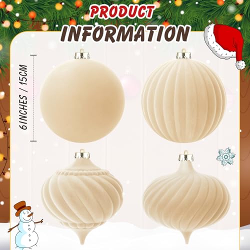 Civaner 4 Pcs 6 Inch Velvet Christmas Ball Ornaments Beige – Vintage Flocked Shatterproof