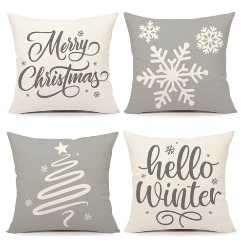 4PACK Gray 18x18 Pillow Covers Set of 4 – Farmhouse Snowflake Hello Winter Christmas Decor