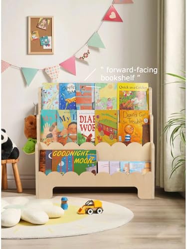 Tohiasen 3-Tier Kids Wooden Bookshelf, Scalloped Nursery Book Storage, Anti-Tip Design