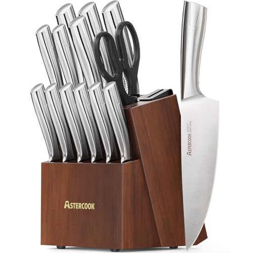 Elegant Walnut Pro Full Tang 15-Piece Kitchen Knife Set with Sharpener & Block
