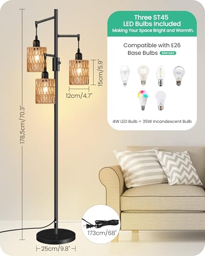 GOEBLESON Farmhouse Dimmable Floor Lamp Tall Standing Tree Lamp with Rope Woven Shades - 70.3" Boho Rattan Floor Light for Living Room Bedroom Office