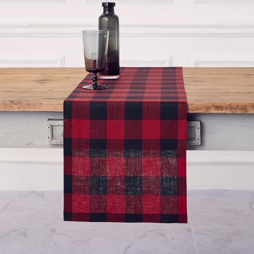 Solino Home Buffalo Check Linen Table Runner 14x72 in, Red & Black