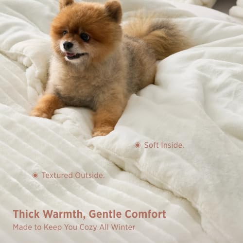 Bedsure Queen Fluffy Comforter Set - Cream White, 90x90 Inch Cozy Fleece Bedding