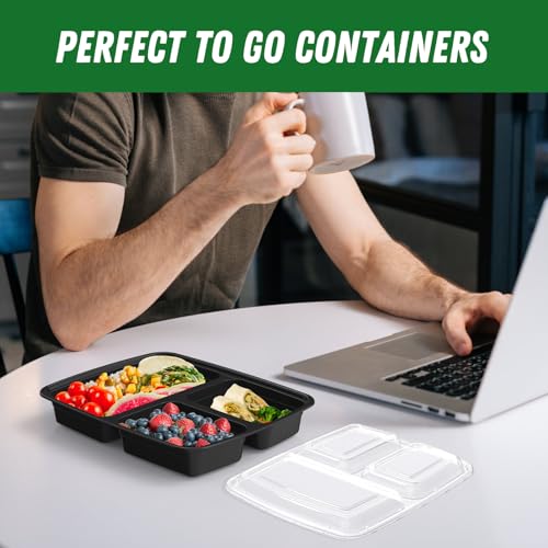Dealusy 50 Pack 32 oz Reusable Meal Prep Containers with Lids - Black, 3-Compartment