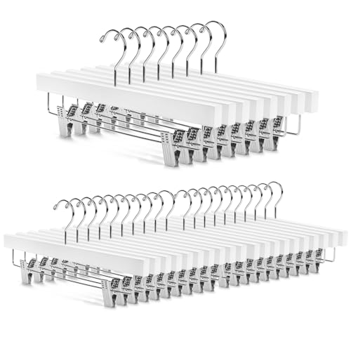 White Wooden Pants Hangers Set - Deluxe Solid Lotus Wood, Slim Profile, 28 Pack - Space-Saving Closet Organizer