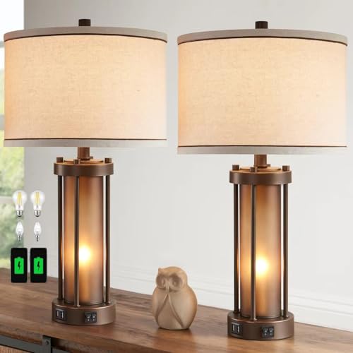 Set of 2 Rustic Farmhouse Table Lamps with USB Charging Ports - Brown