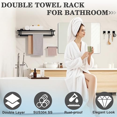 Double Towel Rack Wall Mount 24 Inch Matte Black Stainless Steel Bathroom Storage