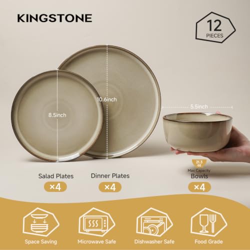 KINGSTONE 12-Piece Beige Stoneware Dinnerware Set for 4 with Reactive Glaze
