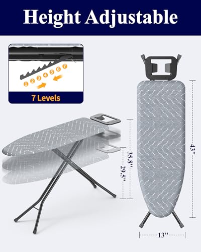 Kitsure Gray Folding Ironing Board - Adjustable Height, Full Size, Wobble-Free, 43"L x 13"W
