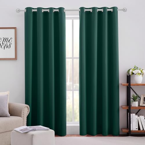 HOMEIDEAS Dark Green Blackout Curtains 52 x 84 Inches Set of 2 Room Darkening Window Drapes for Bedroom & Living Room