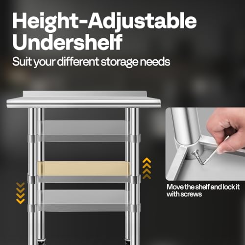 VIVOHOME 24 x 18 Inch Stainless Steel Work Table with Backsplash & Wheels, Height-Adjustable Shelf
