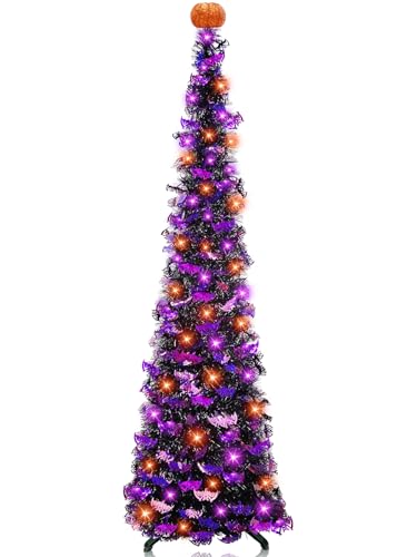 6 Ft Black Tinsel Halloween Tree with Purple Bats & LED Lights - Decor